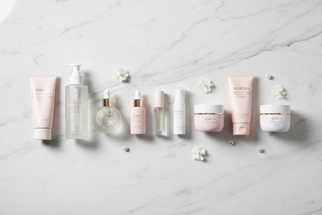 Koreaanse huidverzorgingsproducten voor de 10-stappen skincare routine op een rij