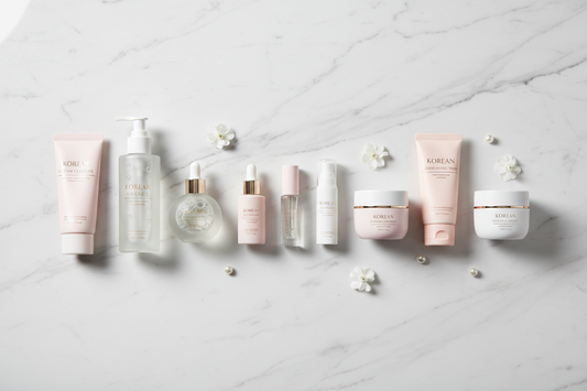 Koreaanse huidverzorgingsproducten voor de 10-stappen skincare routine op een rij