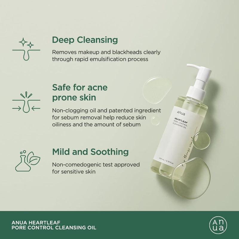 Anua Heartleaf Cleansing Oil benefits infographic - deep cleansing, safe for acne-prone skin, mild and soothing, non-comedogenic