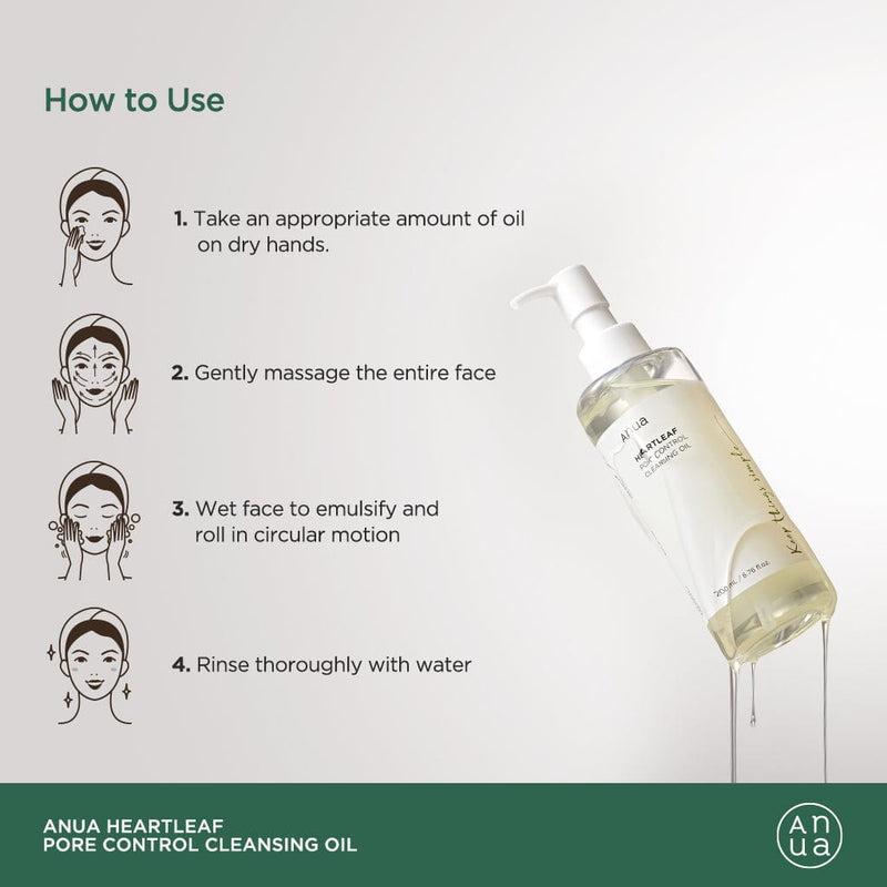 How to use Anua Heartleaf Cleansing Oil - 4 step guide: apply oil on dry hands, massage face, emulsify with water, rinse off