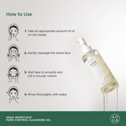 How to use Anua Heartleaf Cleansing Oil - 4 step guide: apply oil on dry hands, massage face, emulsify with water, rinse off
