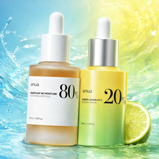 Clear Skin Power Set - Anua Heartleaf 80% Soothing Ampoule & Green Lemon Vitamin C Blemish Serum for uneven skin and hydration | Dutch Skin Lab