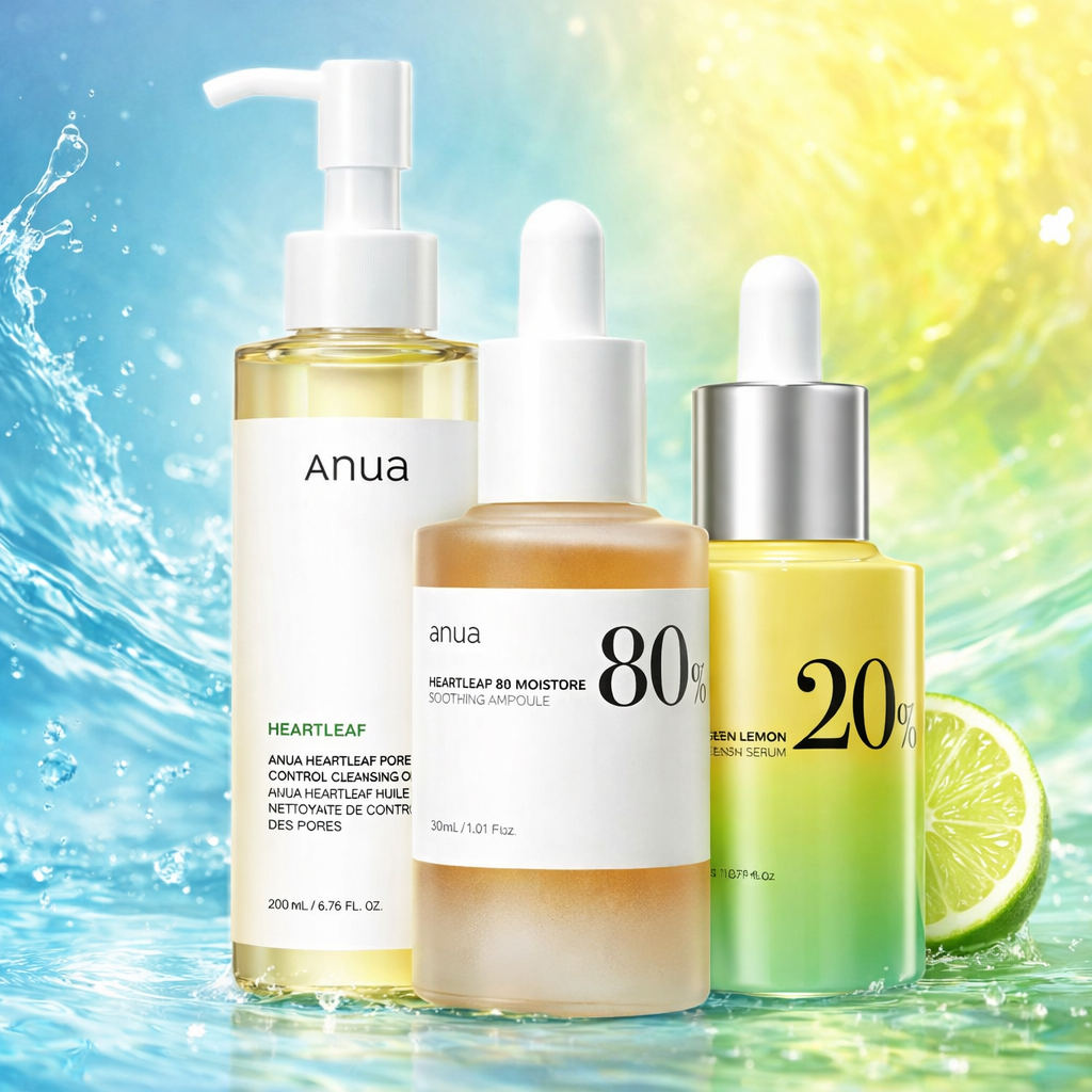 Korean skincare routine bundle - Anua Heartleaf Cleansing Oil, 80% Hydrating Ampoule & Green Lemon Vitamin C Serum | Dutch Skin Lab